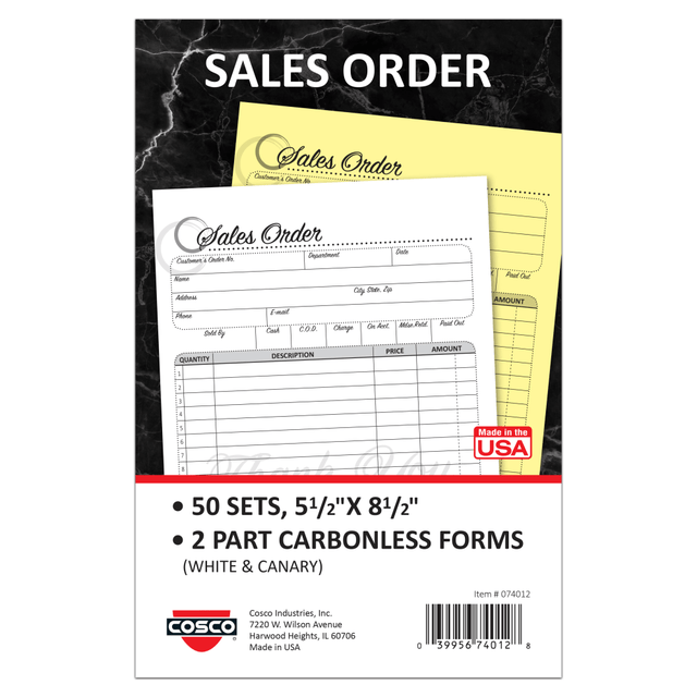 CONSOLIDATED STAMP MFG CO 074012 COSCO Sales Order Form Book With Slip, 2-Part Carbonless, 5-1/2in x 8-1/2in, Script, Book Of 50 Sets