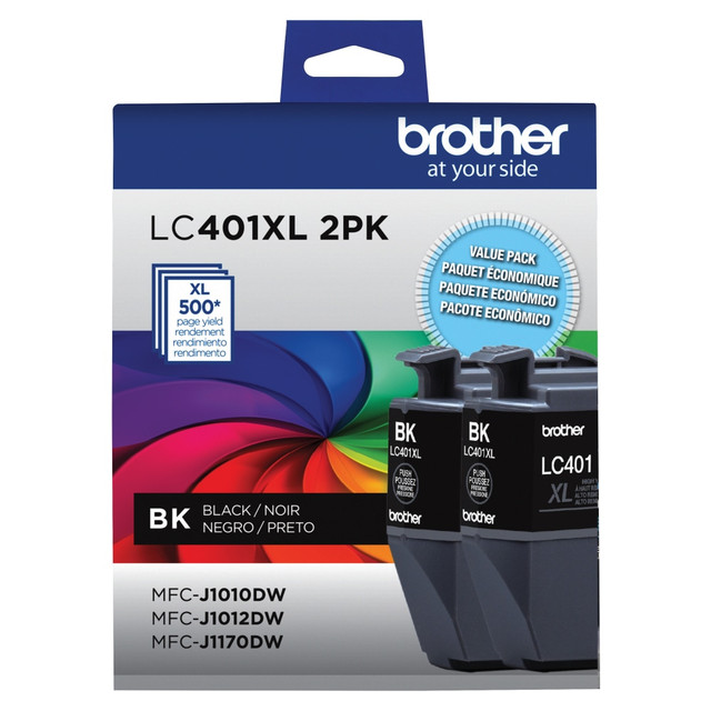 BROTHER INTL CORP LC401XL2PKS Brother LC401 Black High-Yield Ink Cartridges, Pack Of 2, LC401XL2PK