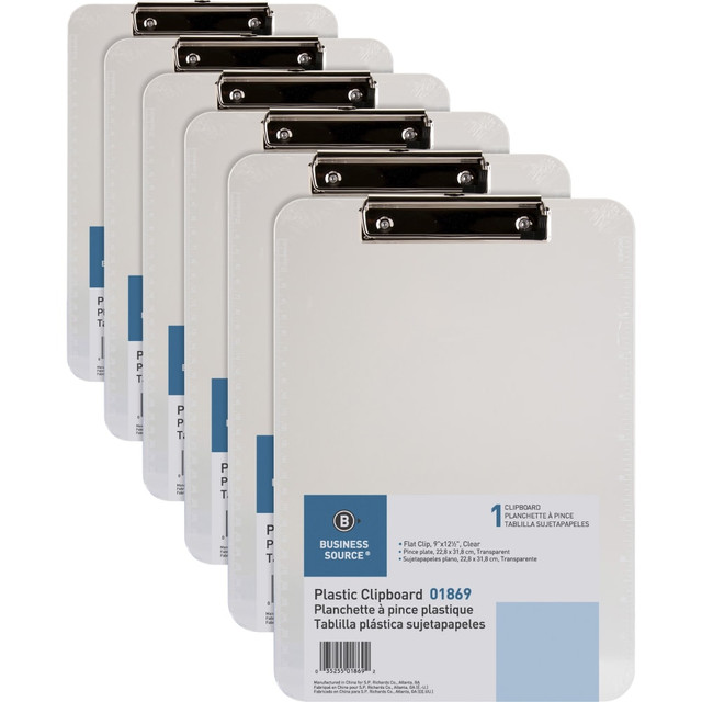 SP RICHARDS Business Source 01869BD  Flat Clip Plastic Clipboard - 9in x 12in - Plastic - Clear - 6 / Bundle