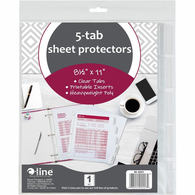 CLINE PRODUCTS INC C-Line 05557  Top-Loading Sheet Protectors With Tab Inserts, 8 1/2in x 11in, 5-Tab, Clear