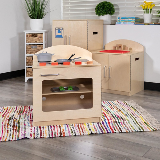 Encourage imaginative play with a Flash Furniture Childrens Wooden Kitchen Stove. Built-in burners and clicking knobs create a realistic play area for students.  Made from durable engineered wood.  Rounded edges.  Features 4 burners and a griddle.  Rotating knobs.  Interior oven compartment with 1 shelf.  Self-leveling glides help prevent wobbling.  Weight capacity tested to support 50 lb.  Assembly required.