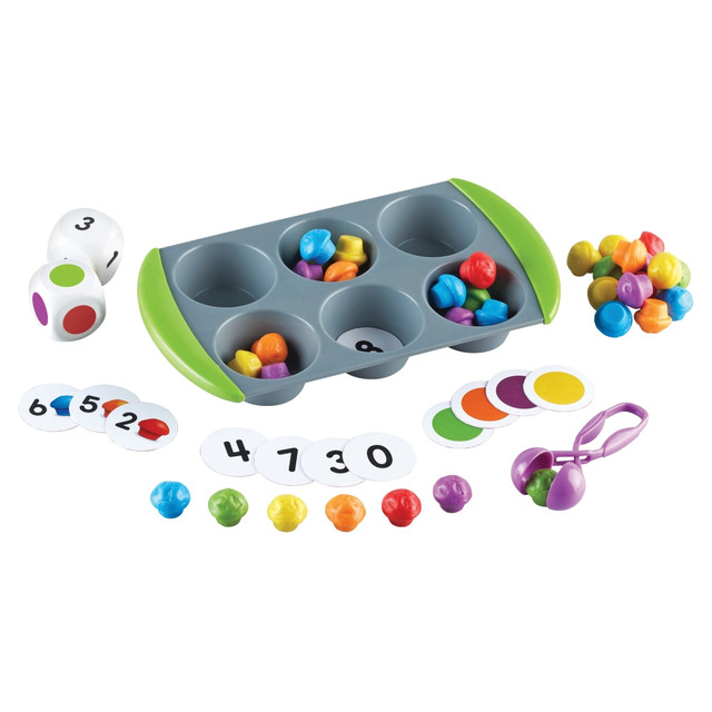 Make learning basic skills fun for the whole class. Kids can play individually or use the dice to play with friends.  Set includes a muffin pan, 60 mini muffin counters, a Squeezy Tweezer, 2 dice and 12 double-sided sorting-circle inserts.  Reinforces color recognition, matching, sorting, counting, fine motor and early mathematics skills for children.  Foam color and number dice facilitate group activities and games.  6-cup muffin pan with easy-grip rubber handles measures 5 3/4in x 10in.  Activity guide is designed to help expand each lesson.  Designed for children in pre-kindergarten to 8th grade.