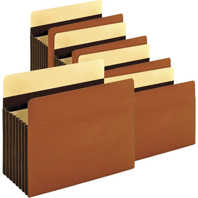 For tough jobs, there are Pendaflex heavy-duty accordion file pockets. Besides the heavyweight front and back covers, these file pockets are designed with Tyvek gussets and reinforcement strips at key stress points to help keep your letter-size sheets of paper safe.  Sturdy 24-pt front and back covers help prevent rips and tears. Fully lined Tyvek gussets and reinforcement strips work to safeguard your documents.  Scored front flap folds down, so you can easily access your files.  Customizable, full-length tab on the back cover gives you plenty of room to place custom labels.  Letter-size, 8 1/2in x 11in, file pockets with 1,600-sheet capacity and 7in expansion for storage of bulky documents.  Brown, redrope accordion file pockets come in a box of 5.  SFI Certified.