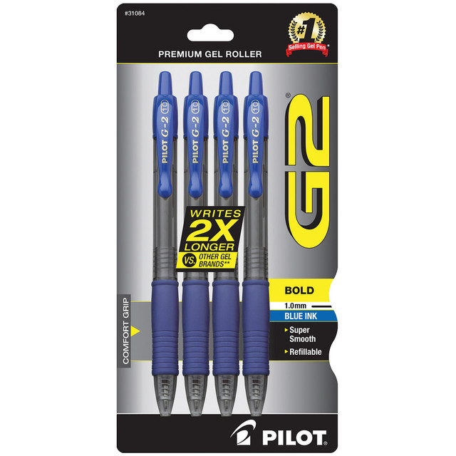 PILOT CORPORATION OF AMERICA 31084 Pilot G2 Retractable Gel Pens, Bold Point, 1.0 mm, Clear Barrels, Blue Ink, Pack Of 4