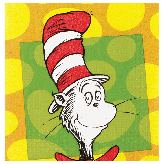 AMSCAN CO INC 501734 Amscan Dr. Seuss Cat In The Hat 2-Ply Beverage Napkins, 5in x 5in, Multicolor, 16 Napkins Per Sleeve, Pack Of 4 Sleeves
