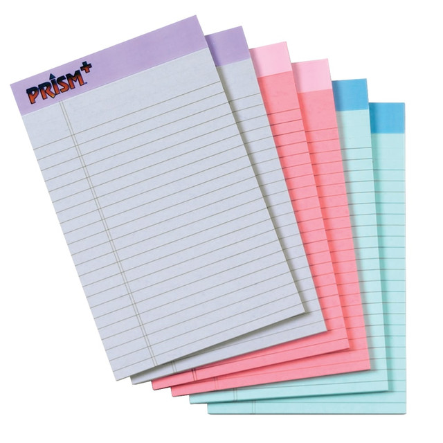 Color code your notes with these colorful legal pads. Keep them on hand for a convenient place to keep track of ideas and reminders that come to mind throughout the day.  Features extra sturdy chipboard backing. Provides a solid surface for you to write on.  Letr-Trim perforated so you can tear away pages with ease.  Lined to help you write neatly and legibly.  Prism Writing Pads brighten the office with soft-colored paper in cheerful shades  Jr. legal ruled pads are the perfect size for quick notes, shopping lists and daily to-dos  Micro perforated pages detach easily to keep notes organized & neat; sturdy backs provide firm writing support  Assorted colors: pink, orchid and blue; Jr. legal ruled; 5in x 8in, 50 sheets; 6 pack