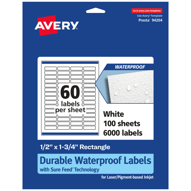 AVERY PRODUCTS CORPORATION 94204-WMF100 Avery Waterproof Permanent Labels With Sure Feed, 94204-WMF100, Rectangle, 1/2in x 1-3/4in, White, Pack Of 6,000 AVERY PRODUCTS CORPORATION 94204-WMF100 Avery Waterproof Permanent Labels With Sure Feed, 94204-WMF100, Rectangle, 1/2in x 1-3/4in, White, Pack Of 6,000