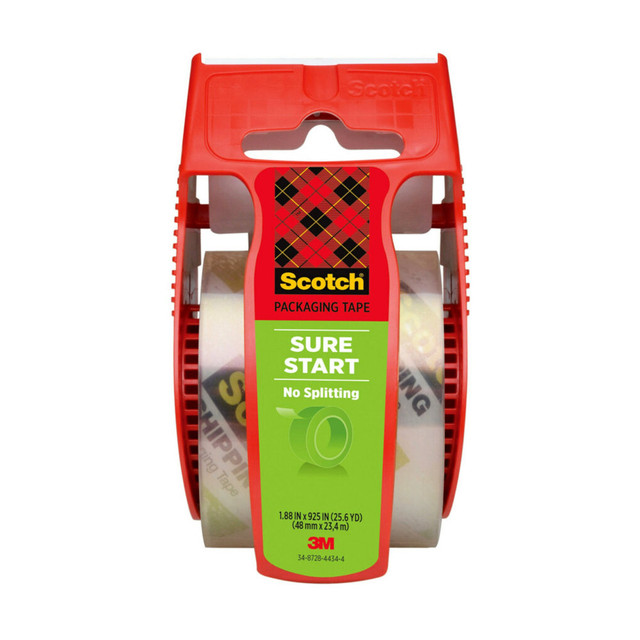 3M CO 145 Scotch Sure Start Shipping Tape, 1 Tape Roll with Dispenser, 1 7/8 in x 22.2 yd, 1.5in Core, Designed for Packing, Shipping and Mailing, Quiet Unwind, No Splitting or Tearing, Clear