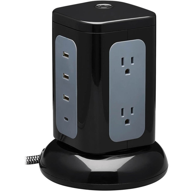 TRIPP LITE TLP606UCTOWER  6-Outlet Surge Protector Tower, 3x USB-A, 1x USB-C, 8 ft. Cord, 5-15P Plug, 1800 Joules, Black - Surge protector - 15 A - AC 120 V - 1800 Watt - output connectors: 6 - 8 ft cord - gray, black