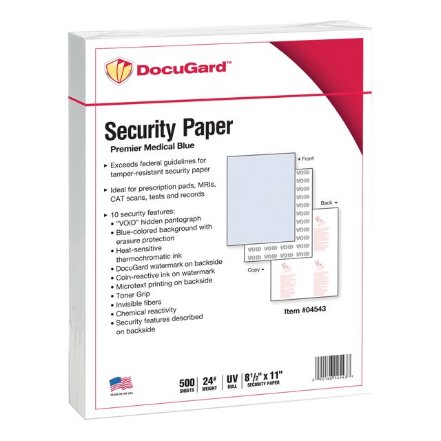 PARIS BUSINESS PRODUCTS DocuGard 4543  Premier Medical 10 Medical Prescription Papers And Business Checks, Letter Size (8 1/2in x 11in), Ream Of 500 Sheets, 1-Part, Blue