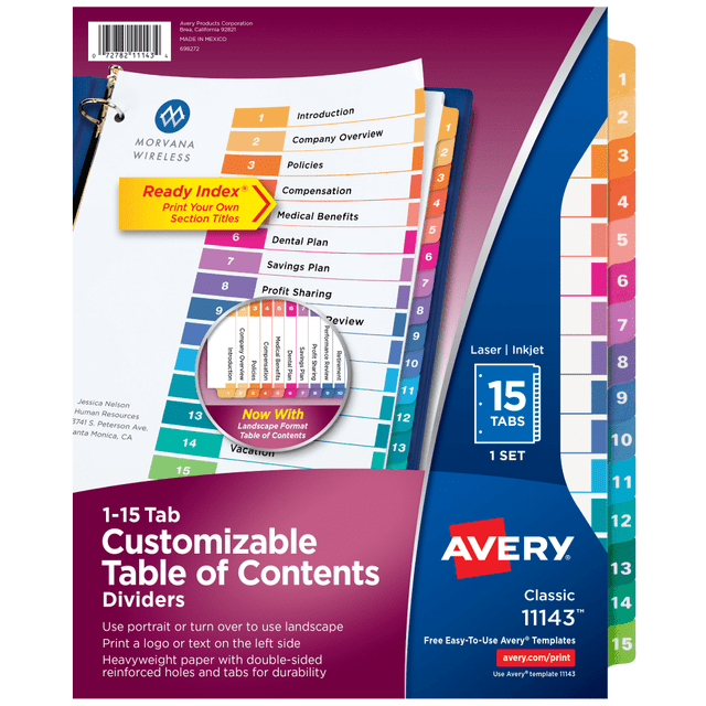 AVERY PRODUCTS CORPORATION 11143 Avery Ready Index 1-15 Tab Binder Dividers With Customizable Table Of Contents, 8-1/2in x 11in, 15 Tab, White/Multicolor, 1 Set AVERY PRODUCTS CORPORATION 11143 Avery Ready Index 1-15 Tab Binder Dividers With Customizable Table Of Contents, 8-1/2in x 11in, 15 Tab, White/Multicolor, 1 Set