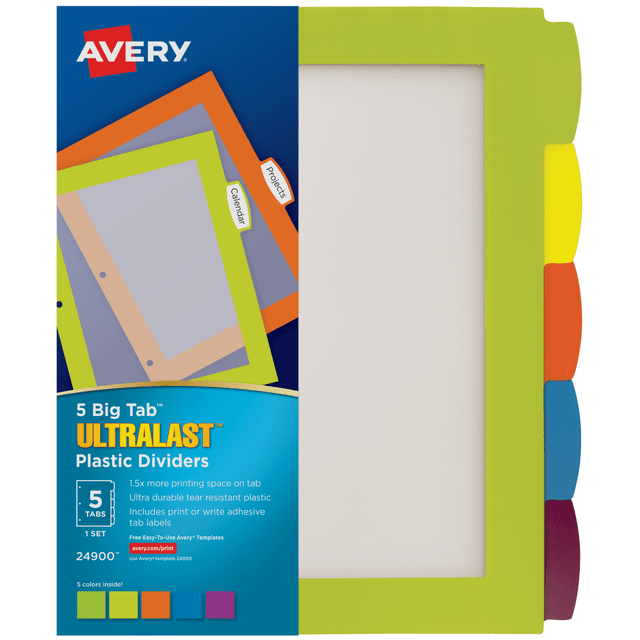 AVERY PRODUCTS CORPORATION 24900 Avery Big Tab Ultralast Plastic Dividers, 5-Tab, Multicolor AVERY PRODUCTS CORPORATION 24900 Avery Big Tab Ultralast Plastic Dividers, 5-Tab, Multicolor