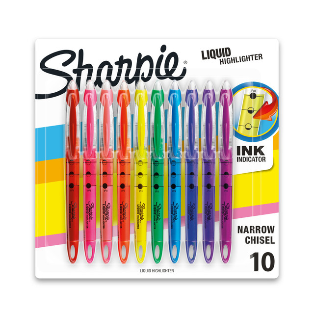 Know before you are low with the Sharpie Liquid Highlighter! This pack of highlighters offers smooth ink flow for consistent marking, while the visible ink supply and indicator help you keep track of ink levels. These highlighters feature a versatile chisel tip perfect for highlighting, underlining, and taking notes. Meanwhile, the pigmented, fluorescent ink dries quickly to produce bold, easy-to-see color.  Sharpie Liquid Highlighters with visible ink supply that allows you to know before you are low!  Chisel tip glides smoothly for a clean application and consistent flow  Convenient loop feature securely attaches to 3-ring binders, planners, and bags  Perfect for highlighting, underlining, and taking notes  Includes 10 Sharpie Liquid highlighters in assorted colors: red, pink, coral, orange, yellow, green, blue, indigo, purple, and berry  ACMI Certified AP Nontoxic. For detailed information see www.acmiart.org.  Conforms to ASTM D4236 standards. For detailed information see www.astm.org.  Less harsh chemicals - made with fewer harsh chemicals, or safer chemicals than typical alternatives, helping  reduce your use of and exposure to substances that may be more harmful to your health and the environment.