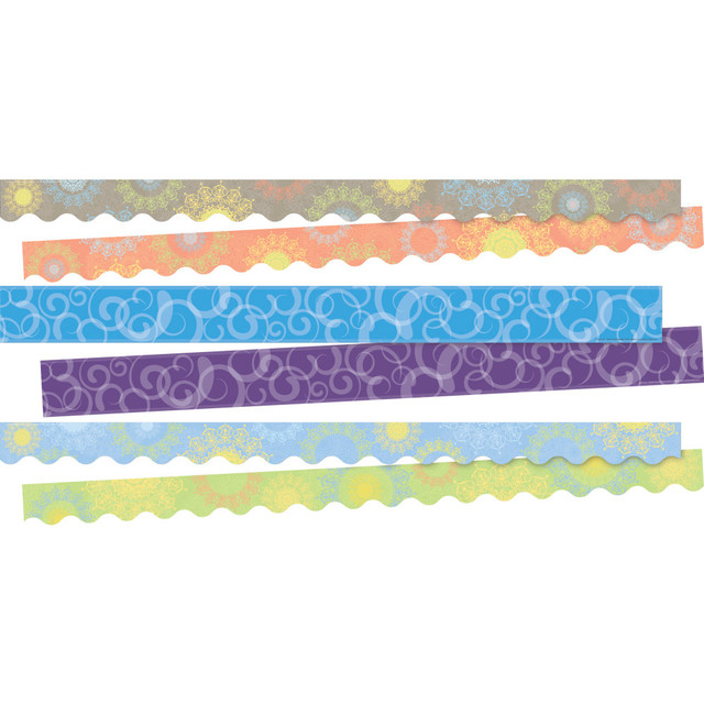 Hang these Barker Creek Double-Sided Border Strips around your classroom to create a bright and vibrant learning environment. The strips feature scalloped and straight edges with designs on both sides for flexibility.  Comes with 26 scalloped-edge 2-1/4in x 36in strips and 12 straight-edge 3in x 35in strips.  Ideal for decorating bulletin boards, frame doorways, defining learning centers and more.  Crafted from card stock for lasting beauty.  Double-sided borders allow for versatile decorating options.