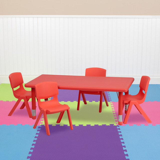 With its long rectangular textured plastic tabletop, this multipurpose activity table gives children ample room to participate in learning activities, such as coloring, puzzles and more. The all-plastic chairs and rounded corners on the table make this set ideal for classrooms and daycare settings.  1-1/2in textured plastic tabletop gives kids a surface for multiple activities, such as coloring, crafts, puzzles and more.  Rectangular 24in x 48in table is height adjustable from 14-1/2in to 23-3/4in.  Welded steel frame under the tabletop promotes stability. Table holds up to 220 lb of static weight.  Rounded safety corners provided added security against injuries.  Included stackable chairs are designed to encourage proper sitting habits.  Polypropylene plastic shell chairs have no metal parts.  Lightweight design and floor glides make it easy to move around your classroom or home.  Recommended for preschool- and kindergarten-aged children.  Assembly required.