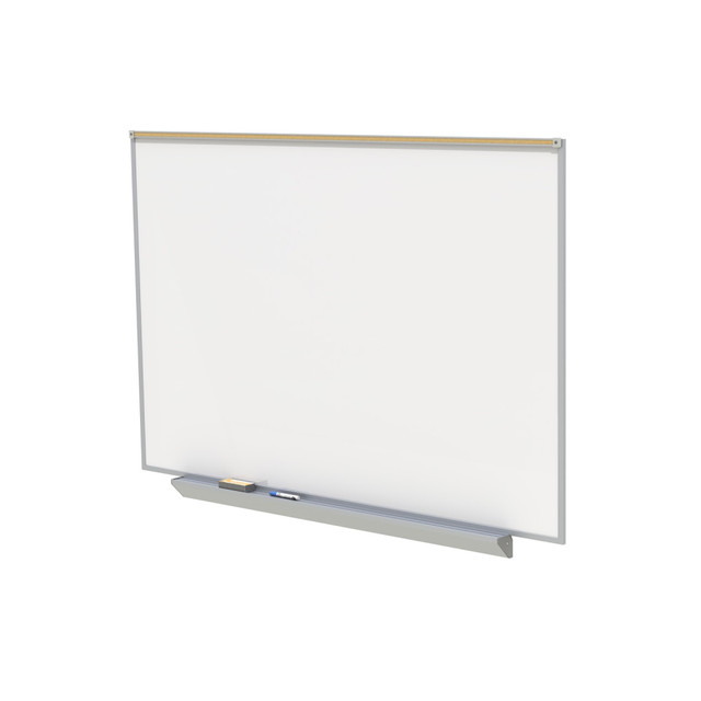 If you need a reliable and durable classroom board, this wide whiteboard is a great choice. The porcelain-on-steel whiteboard surface is magnetic and features 3/8in backing, while the aluminum frame provides long-lasting protection.  Wide, satin, anodized-aluminum frame offers crimp construction, a 1in map rail and precision mitered corners.  28 gauge porcelain-on-steel surface offers 3/8in backing to allow years of use.  Magnetic whiteboard surface resists stains and scratches.  Smart-Pak tray can be detached if needed.  Comes with a heavy-duty box-tray with protective caps on the ends, a marker and an eraser.  This product is heavy and/or oversized and may need more than one person to handle.
