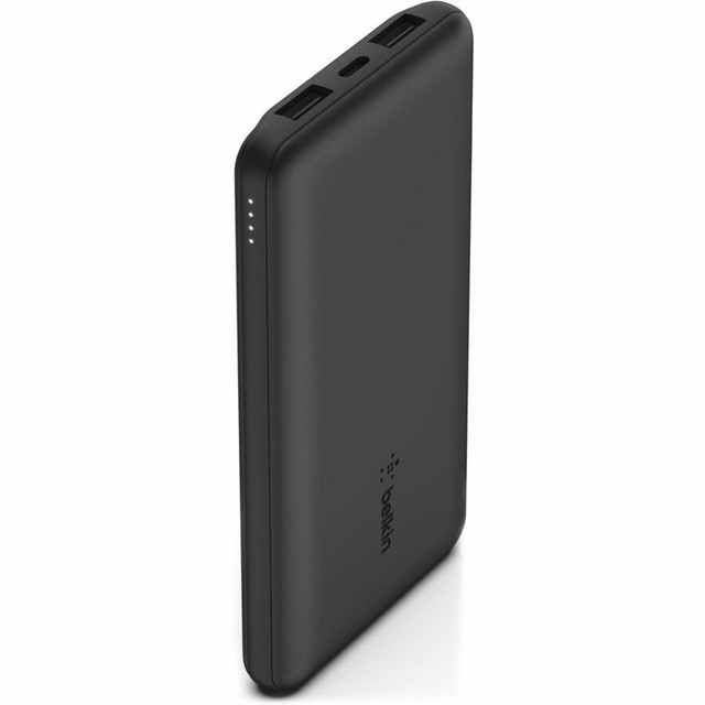 Charge your devices with the Belkin 10K 3-Port Power Bank. The power bank can charge up to 3 devices at a time, while the 10,000 mAh power capacity efficiently powers your devices.  Charges up to 3 devices at a time.  10,000 mAh efficiently charges your devices.  Boasts 2 USB-A ports and 1 USB-C port.  Includes a USB-A to USB-C cable.  LED light lets you know when the charger needs recharging.  Backed by the manufacturers 2-year limited warranty.