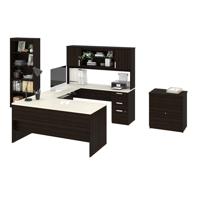 BESTAR INC. 52850-31 Bestar Ridgeley U-Shaped Desk With Hutch, Lateral File Cabinet And Bookcase, White Chocolate