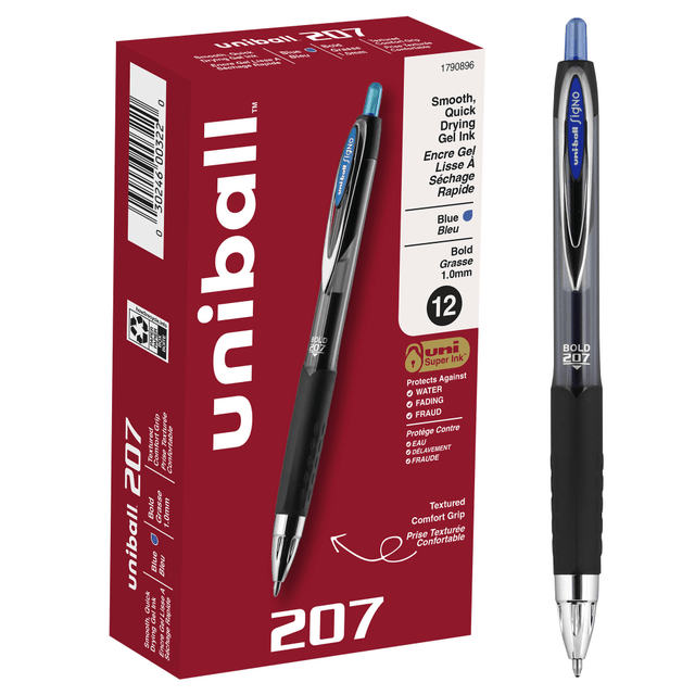 NEWELL BRANDS INC. 1790896 uni-ball 207 Retractable Fraud Prevention Gel Pens, Bold Point, 1.0 mm, Translucent Gray Barrel, Blue Ink, Pack Of 12