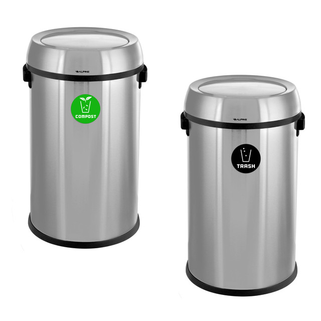 ADIR CORP. ALP470-65L-1-CO-T Alpine Industries Stainless Steel Indoor Compost And Trash Bins With Swivel Lids, 17 Gallons, Silver, Pack Of 2 Bins ADIR CORP. ALP470-65L-1-CO-T Alpine Industries Stainless Steel Indoor Compost And Trash Bins With Swivel Lids, 17 Gallons, Silver, Pack Of 2 Bins