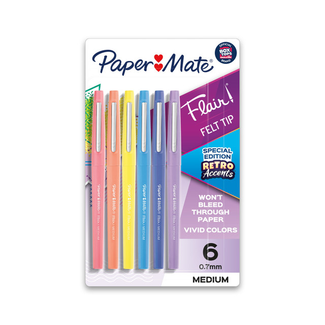 NEWELL BRANDS INC. 2097888 Paper Mate Flair Felt Tip Pens, Medium Point, Assorted, Special Edition Retro Accents, 6 Pack