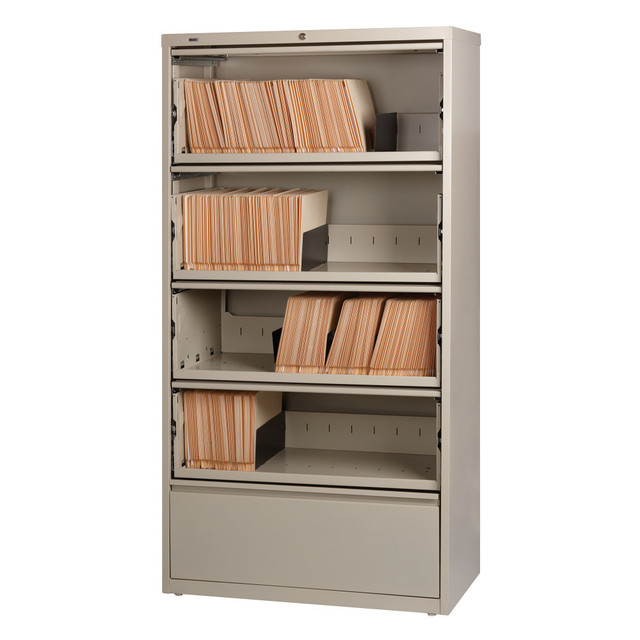 LORELL 43512  Fortress 36inW x 18-5/8inD Lateral 5-Drawer File Cabinet With Roll-Out Shelves, Putty