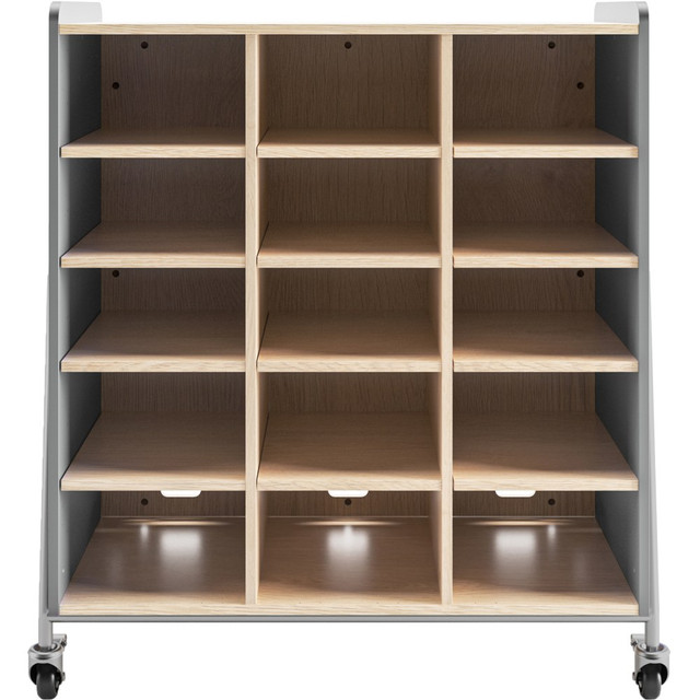 Maximize the available space in your classroom with the Safco Whiffle Triple-Column 15-Shelf Rolling Storage Cart. Ideal for supplies, this cart can double as a mobile workstation for your laptop and includes a dry-erase surface for presenting ideas to your students.  Store office supplies, classroom essentials, craft supplies and other items.  Durable laminate construction is made to last.  15 open storage areas help make organization and retrieval simple.  Magnetic, dry-erase panel on the back lets you jot down ideas.  Surface is ideal for a laptop, giving you a mobile workstation.  Heavy-duty, 360 deg.-swivel wheels allow smooth mobility and lock firmly in place.  Assembly required.  Backed by the manufacturers limited lifetime warranty.  Finished in gray for a sleek appearance.