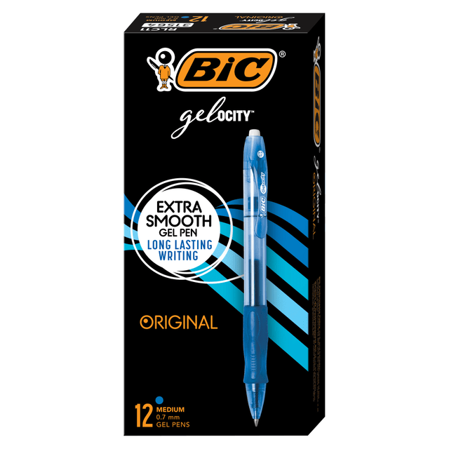 Experience smooth writing with BIC Gelocity Original Gel Pens. These 0.7mm medium point pens are perfect for everyday writing at work, school or home and have smooth ink that writes fluidly and effortlessly. Creating clear, dark lines, they're the ideal gel pens for writing lists, taking notes, journaling and more. The round barrel features a grip that offers a secure yet comfortable hold, making it ideal for prolonged writing sessions. Plus, the plastic clip easily attaches to pockets, notebooks and more for quick access on the go. Designed for convenience, these retractable gel pens let you start writing with just one click, and a translucent barrel lets you easily keep track of the remaining ink supply. Gel ink pens are smooth writing pens that are easier to use for long periods of time than a standard ballpoint. With BIC Gelocity Original gel pens, you can write clearly and comfortably for hours. Looking for a reliable gel pen for school or office supplies? Choose BIC Gelocity Original Blue Ink Gel Pens for a high-quality, safe and affordable product you can trust.  BIC Gelocity retractable gel pens feature dimpled grips for extreme writing comfort. The extra-wide, nonslip rubber grips are wide and contoured to help reduce cramps and other hand aches.  Gelocity gel ink pens feature a gel ink that offers smooth lines and intense color. Innovative gel ink goes on the page with a fluid, effortless stroke.  Convenient clip gives you easy access. Simply attach it to your pocket, binder or travel bag for use whenever you need it.  A fashionable translucent barrel shows the remaining ink supply.  These medium-point pens come in blue ink.  Refillable - designed to be used repeatedly, helping you avoid single-use disposables and potentially save money.