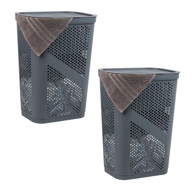 EMS MIND READER LLC 2HBIN60-GRY Mind Reader 60L Laundry Hamper Clothes Basket with Lid, 23-1/2inH x 13-3/4inW x 17-1/4inL, Gray, Set of 2