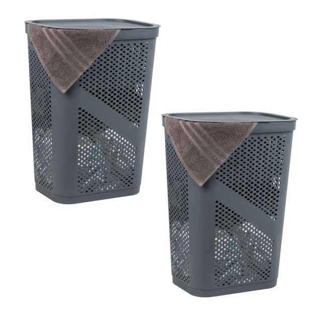 EMS MIND READER LLC 2HBIN60-GRY Mind Reader 60L Slim Laundry Hamper Clothes Basket Ventilated with Lid, 23-1/2inH x 13-3/4inW x 17-1/4inL, Gray, Set of 2