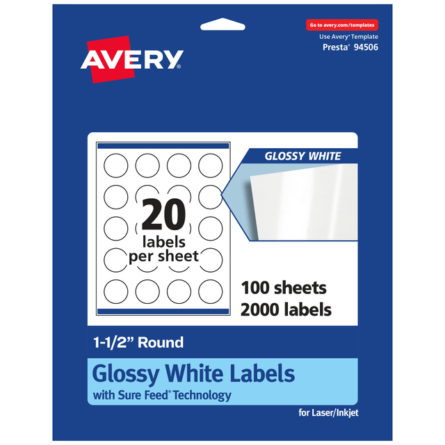 AVERY PRODUCTS CORPORATION 94506-WGP100 Avery Glossy Permanent Labels With Sure Feed, 94506-WGP100, Round, 1-1/2in Diameter, White, Pack Of 2,000 AVERY PRODUCTS CORPORATION 94506-WGP100 Avery Glossy Permanent Labels With Sure Feed, 94506-WGP100, Round, 1-1/2in Diameter, White, Pack Of 2,000