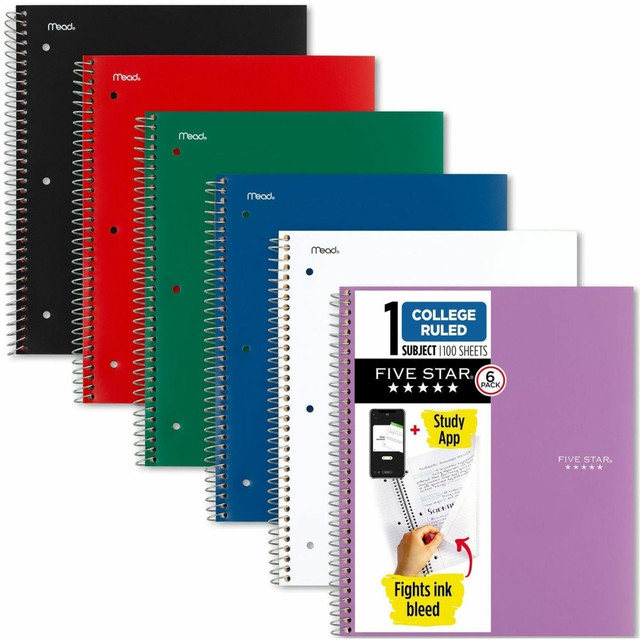 MEADWESTVACO CORP 38052 Mead Five Star Spiral Notebooks, 1 Subject, College Ruled, 100 Sheets, Assorted, Pack Of 6 MEADWESTVACO CORP 38052 Mead Five Star Spiral Notebooks, 1 Subject, College Ruled, 100 Sheets, Assorted, Pack Of 6