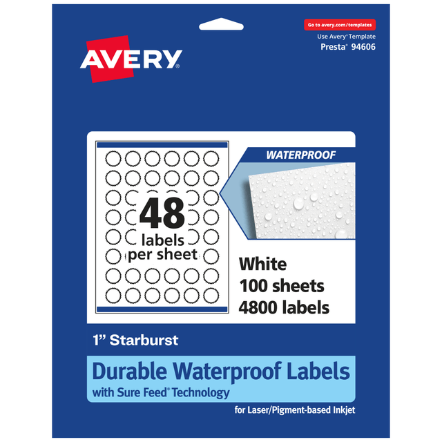 AVERY PRODUCTS CORPORATION 94606-WMF100 Avery Waterproof Permanent Labels With Sure Feed, 94606-WMF100, Starburst, 1in, White, Pack Of 4,800 AVERY PRODUCTS CORPORATION 94606-WMF100 Avery Waterproof Permanent Labels With Sure Feed, 94606-WMF100, Starburst, 1in, White, Pack Of 4,800