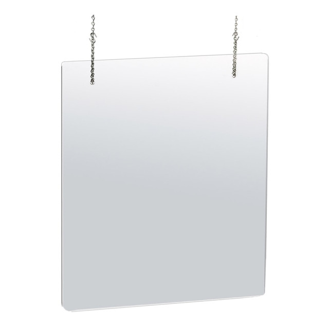 Outfit the customer service areas of your establishment with Azar Displays Hanging Adjustable Cashier Shields/Sneeze Guards. Whether you run a supermarket, pharmacy, hospital, retail store or bank, these cashier barriers can help limit the spread of illness by limiting contact.  Used to help prevent germ transmission between employees and customers.  Thick, acrylic panel is designed with rounded corners.  7ft chain is adjustable to suit your height needs.  Hangs vertically or horizontally from your ceiling.