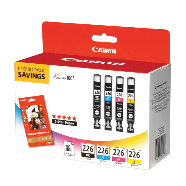 CANON USA, INC. 4546B007 Canon CLI-226 ChromaLife 100+ Black And Cyan, Magenta, Yellow Ink Tanks And 50 Sheets Of Paper, Pack Of 4, 4546B007