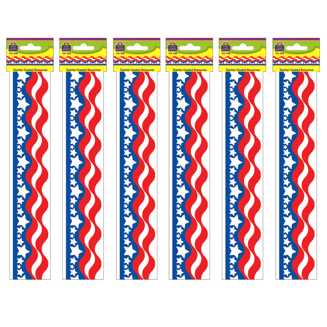 Create a unique bulletin board theme with the Teacher Created Resources Scalloped Border Trim Pack. These vibrant border trim strips are made of acid-free paper and help liven up your classroom.  Scalloped border trim helps liven up any classroom.  Made of acid-free paper.  Creates themes for bulletin boards, walls, windows and projects.  Each pack includes 12 pieces for a total length of 35ft. Sold as 6 packs for a total of 210ft.