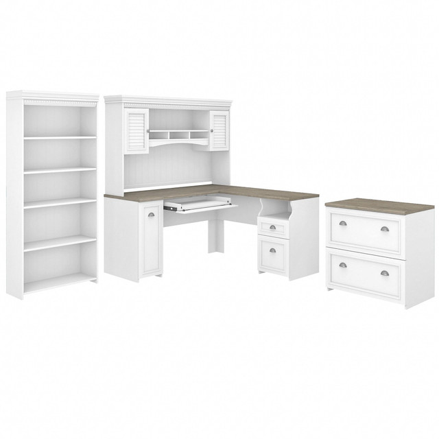 BUSH INDUSTRIES INC. FV006G2W Bush Business Furniture Fairview 60inW L-Shaped Corner Desk With Hutch, Lateral File Cabinet And 5-Shelf Bookcase, Shiplap Gray/Pure White, Standard Delivery BUSH INDUSTRIES INC. FV006G2W Bush Business Furniture Fairview 60inW L-Shaped Corner Desk With Hutch, Lateral File Cabinet And 5-Shelf Bookcase, Shiplap Gray/Pure White, Standard Delivery