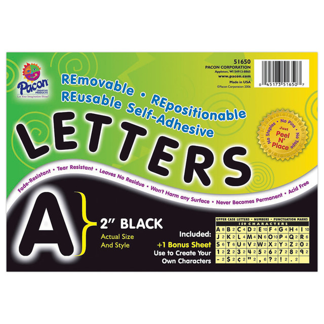 PACON CORPORATION 0051650 Pacon Self-Adhesive Letters, 2in, Black, Pack Of 159