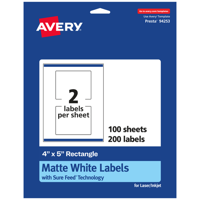 AVERY PRODUCTS CORPORATION 94253-WMP100 Avery Permanent Labels With Sure Feed, 94253-WMP100, Rectangle, 4in x 5in, White, Pack Of 200 AVERY PRODUCTS CORPORATION 94253-WMP100 Avery Permanent Labels With Sure Feed, 94253-WMP100, Rectangle, 4in x 5in, White, Pack Of 200