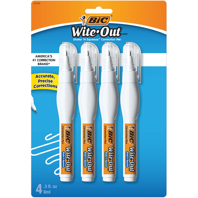 BIC CORP WOSQPP418 BIC Wite-Out Shake N Squeeze Correction Pen, 8 ml, Pack Of 4