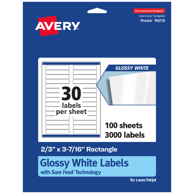 AVERY PRODUCTS CORPORATION 94210-WGP100 Avery Glossy Permanent Labels With Sure Feed, 94210-WGP100, Rectangle, 2/3in x 3-7/16in, White, Pack Of 3,000 AVERY PRODUCTS CORPORATION 94210-WGP100 Avery Glossy Permanent Labels With Sure Feed, 94210-WGP100, Rectangle, 2/3in x 3-7/16in, White, Pack Of 3,000