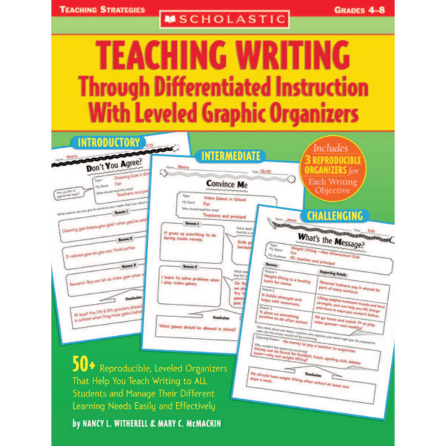 Designed for teachers who want to teach writing effectively to students of different ability levels, this resource offers lessons, leveled organizers and writing models to make planning and gathering materials a cinch.  Seventeen units cover topics from structuring paragraphs to using elaboration to develop ideas, to persuasive essay writing.  Helps ALL students master the writing skills and concepts they need to succeed on standardized tests and beyond.
