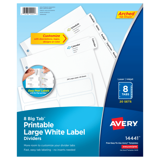 AVERY PRODUCTS CORPORATION 14441 Avery Big Tab Printable Large Label Dividers, Easy Peel, White, 8-Tab, Pack Of 20 Sets AVERY PRODUCTS CORPORATION 14441 Avery Big Tab Printable Large Label Dividers, Easy Peel, White, 8-Tab, Pack Of 20 Sets
