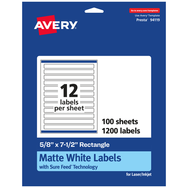 AVERY PRODUCTS CORPORATION 94119-WMP100 Avery Permanent Labels With Sure Feed, 94119-WMP100, Rectangle, 5/8in x 7-1/2in, White, Pack Of 1,200 AVERY PRODUCTS CORPORATION 94119-WMP100 Avery Permanent Labels With Sure Feed, 94119-WMP100, Rectangle, 5/8in x 7-1/2in, White, Pack Of 1,200