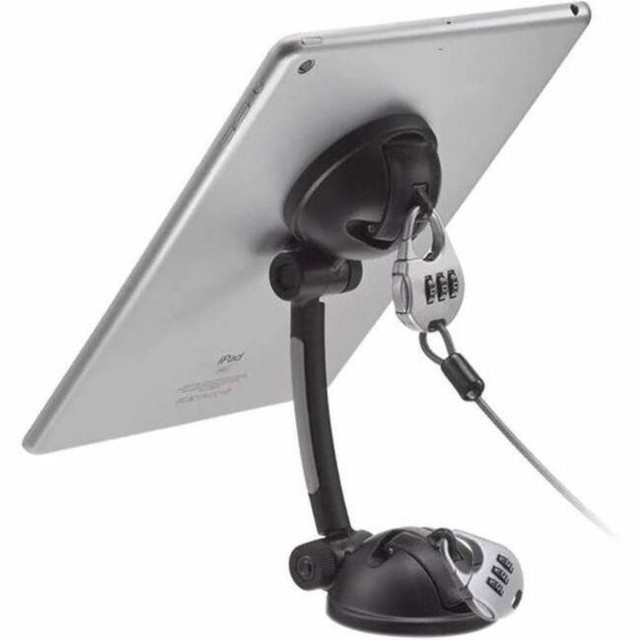 Light and portable design  Includes smooth mounting disc with adhesive plate  Comfortably watch videos or use apps with the adjustable stand  Securely lock with included combination cable lock  Resettable 3-dial lock combination  Double-sided ultra strong suction mount attaches to most smooth surfaces