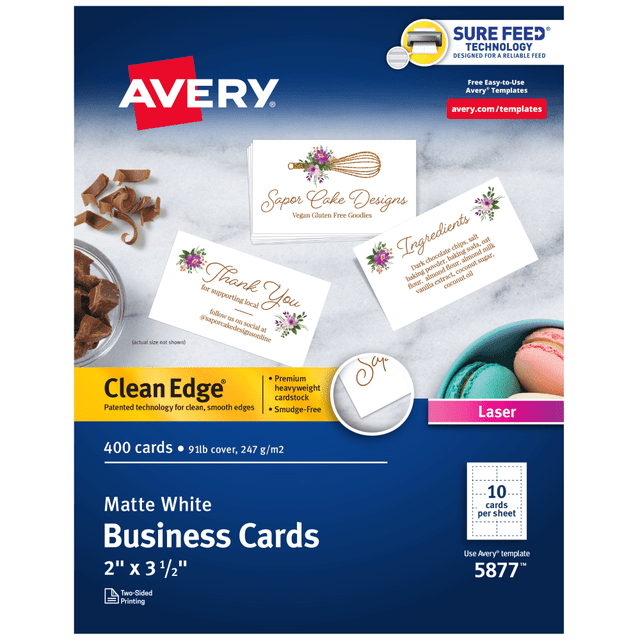 AVERY PRODUCTS CORPORATION 5877 Avery Clean Edge Printable Business Cards With Sure Feed Technology for Laser Printers, 2in x 3.5in, White, 400 Blank Cards