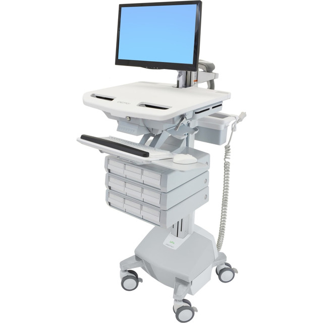 ERGOTRON SV44-1292-1  StyleView Cart with LCD Arm, LiFe Powered, 9 Drawers (3x3) - 9 Drawer - 33 lb Capacity - 4 Casters - Aluminum, Plastic, Zinc Plated Steel - White, Gray, Polished Aluminum