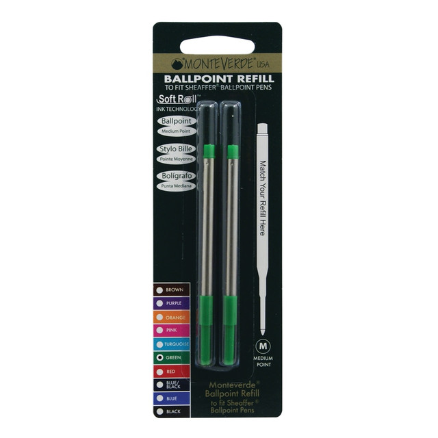 YAFA A PEN COMPANY S132GN Monteverde Ballpoint Refills For Sheaffer Ballpoint Pens, Medium Point, 0.7 mm, Green, Pack Of 2 Refills