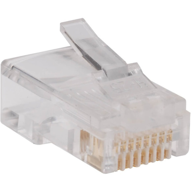 100-Pack RJ45 Modular plug for use on Solid Conductor Cat5e cable, N022-01K-GY, or, Tripp Lite Zero-Skew cable, P524-01K ( Can be used for Stranded wire as well ). Contacts are 50 micron Gold for optimum signal transmission. For stranded conductor Cat5e RJ45s, see Tripp Lite N031-050.   50 Micron Gold Contacts  Can be used for Solid or Stranded Conductor Wire  RJ45 Plug for Solid Conductor 4-pair Round Cat5e cable