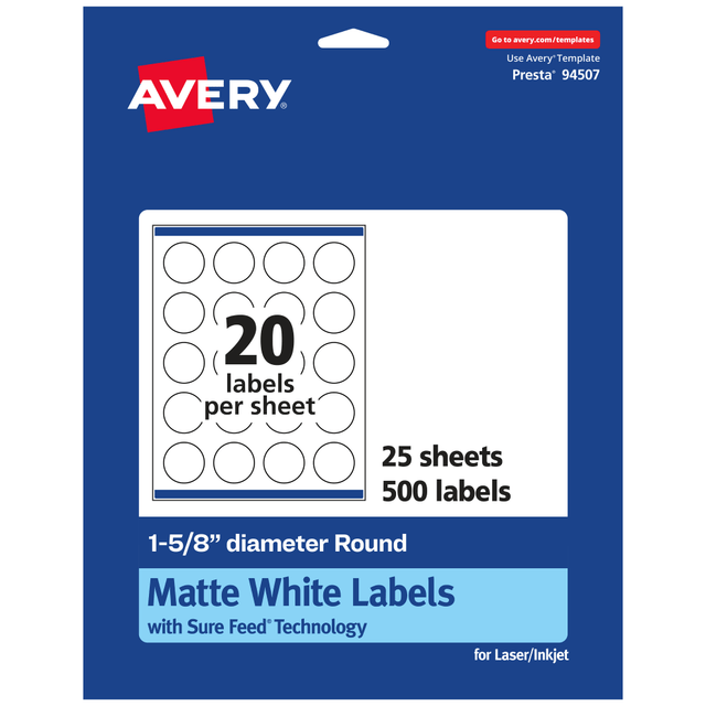 AVERY PRODUCTS CORPORATION 94507-WMP25 Avery Permanent Labels With Sure Feed, 94507-WMP25, Round, 1-5/8in Diameter, White, Pack Of 500 AVERY PRODUCTS CORPORATION 94507-WMP25 Avery Permanent Labels With Sure Feed, 94507-WMP25, Round, 1-5/8in Diameter, White, Pack Of 500